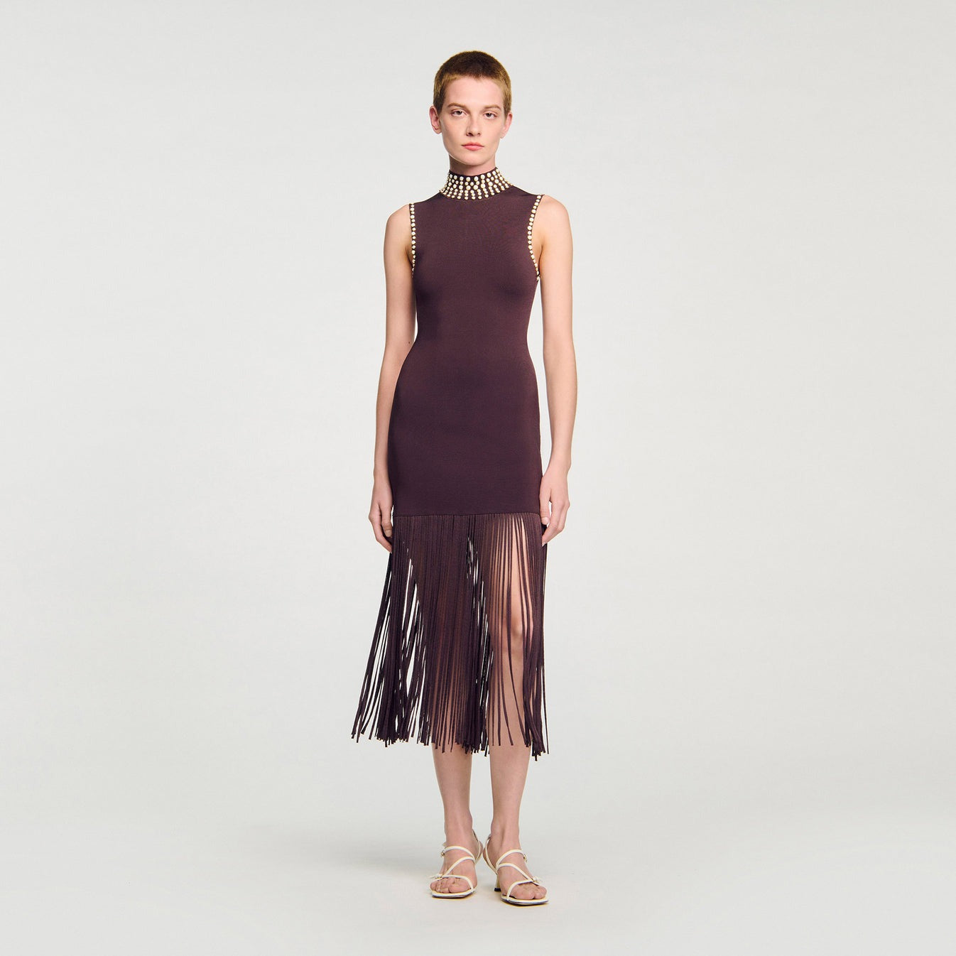 Cleopatre Fringed Knit Maxi Dress Brown