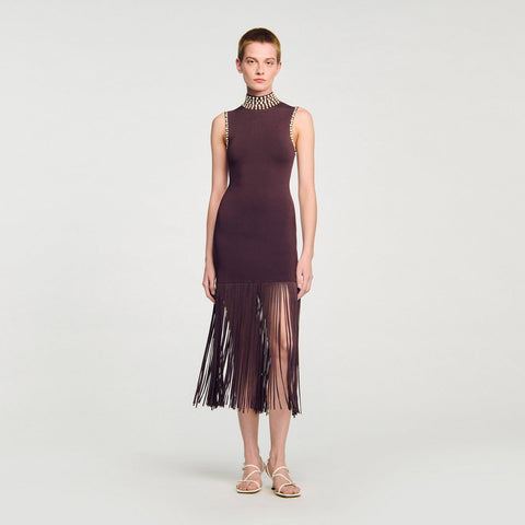 Cleopatre Fringed Knit Maxi Dress Brown