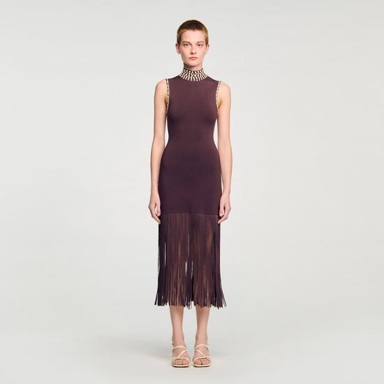 Cleopatre Fringed Knit Maxi Dress Brown