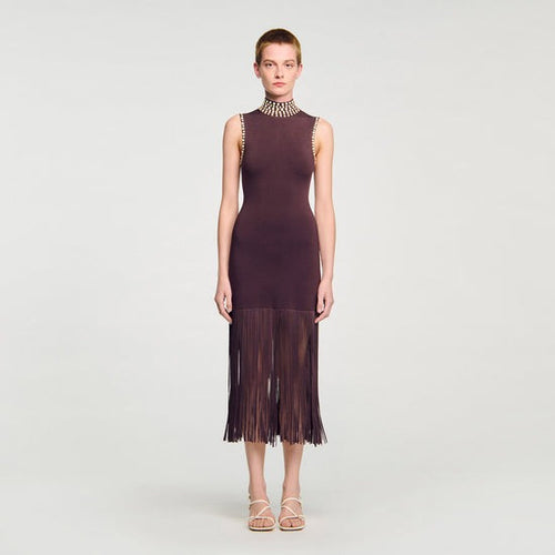 Cleopatre Fringed Knit Maxi Dress Brown