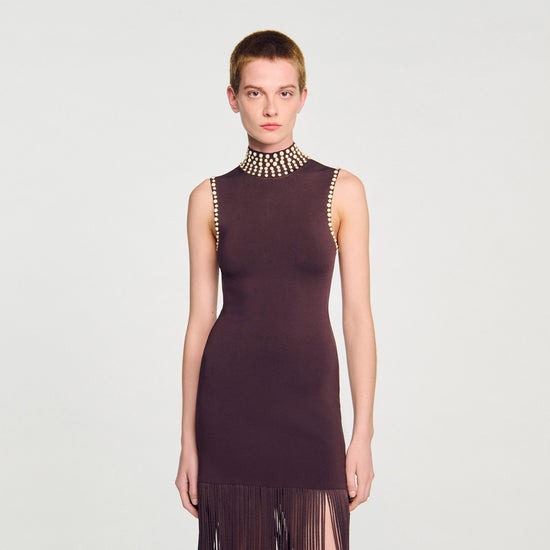Cleopatre Fringed Knit Maxi Dress Brown